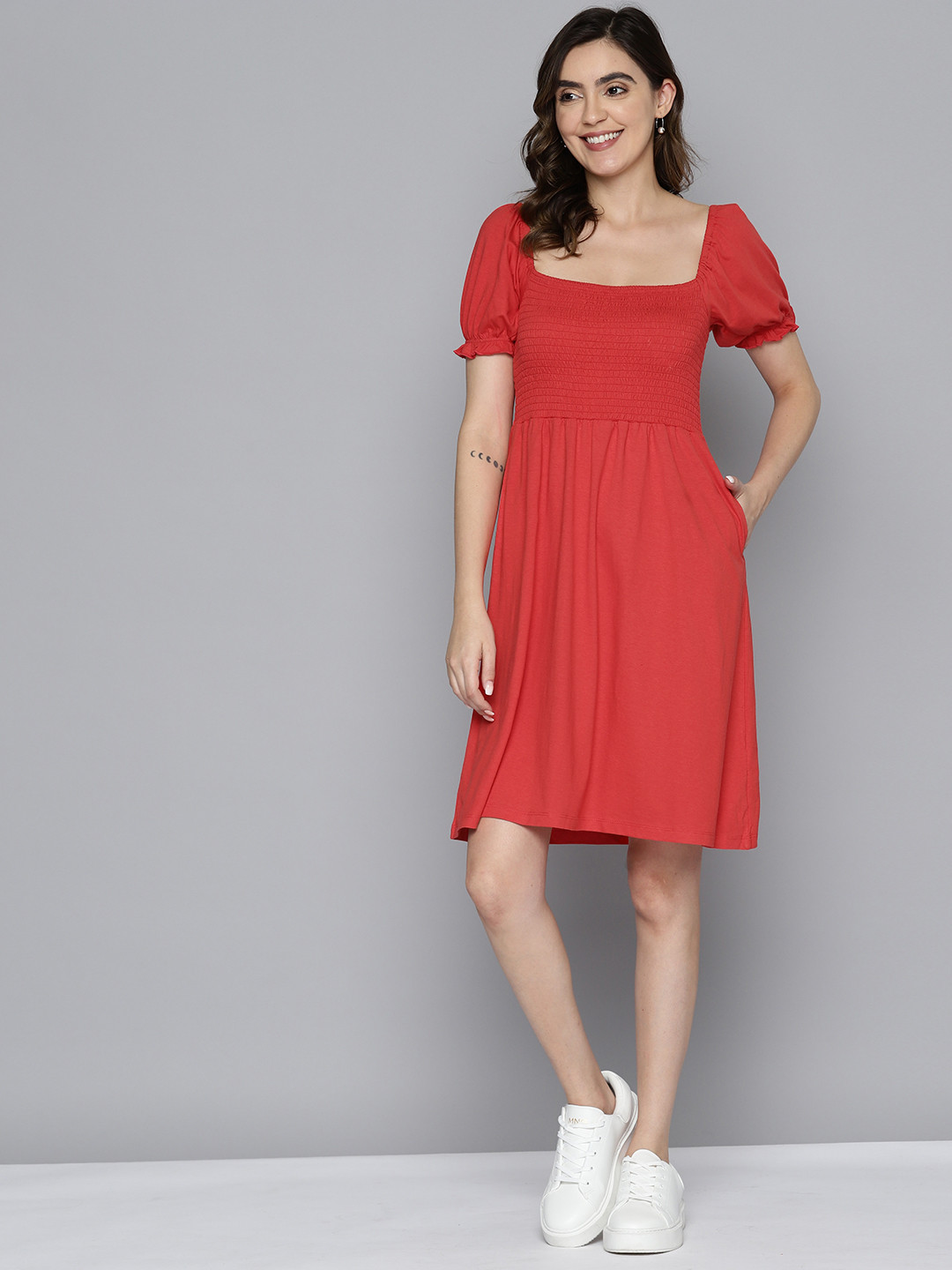 

Mast & Harbour Puff Sleeves Fit & Flare Dress With Smocked Detailed, Red
