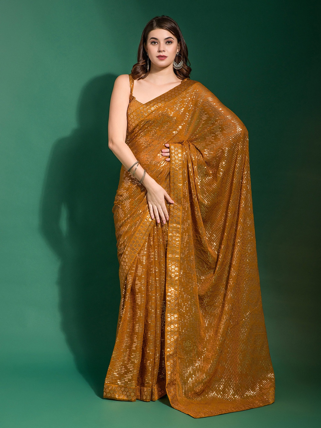 

elora Sequin Embellished Saree, Mustard