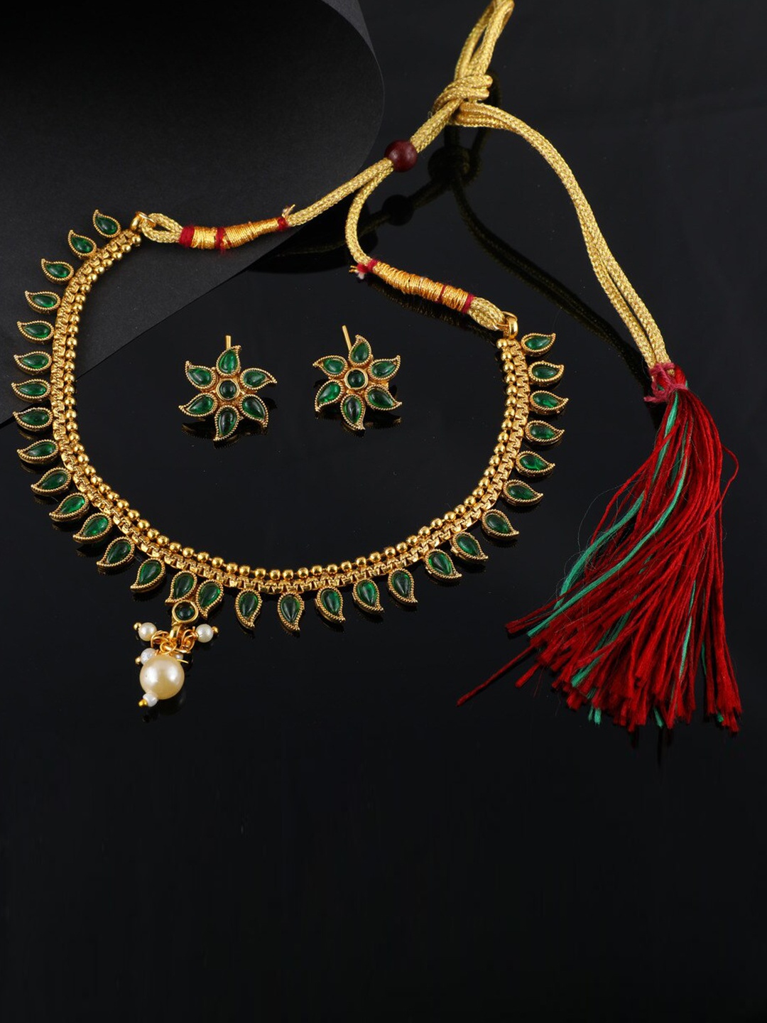

ROFARWORD Gold-Plated Stone-Studded & Beaded Jewellery Set