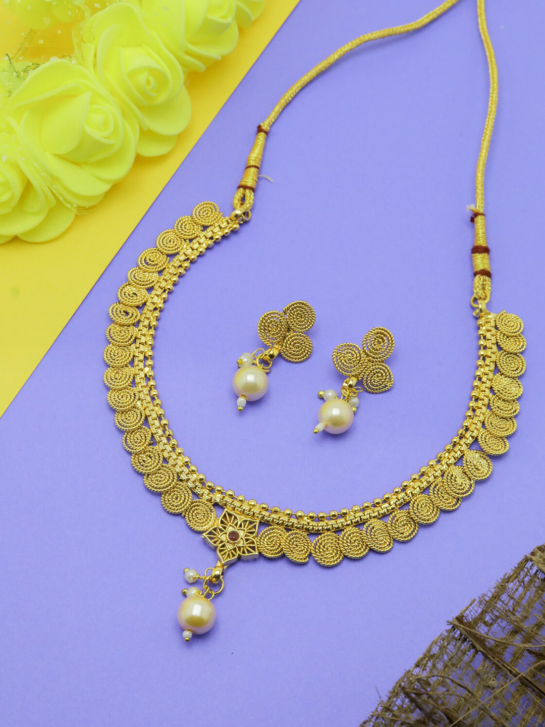 

ROFARWORD Gold-Plated Stone-Studded & Beaded Jewellery Set