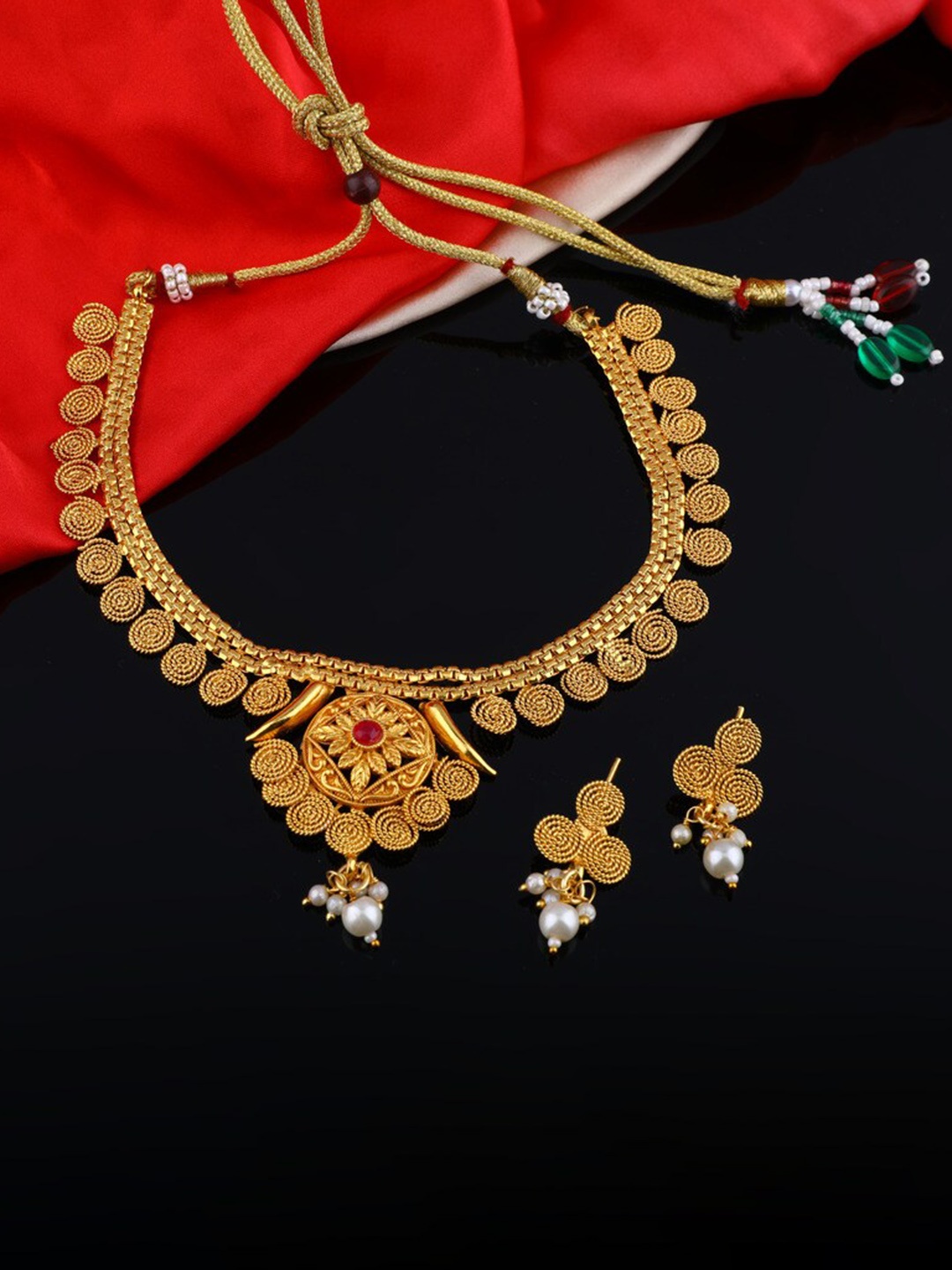 

ROFARWORD Gold-Plated Stone-Studded & Beaded Jewellery Set