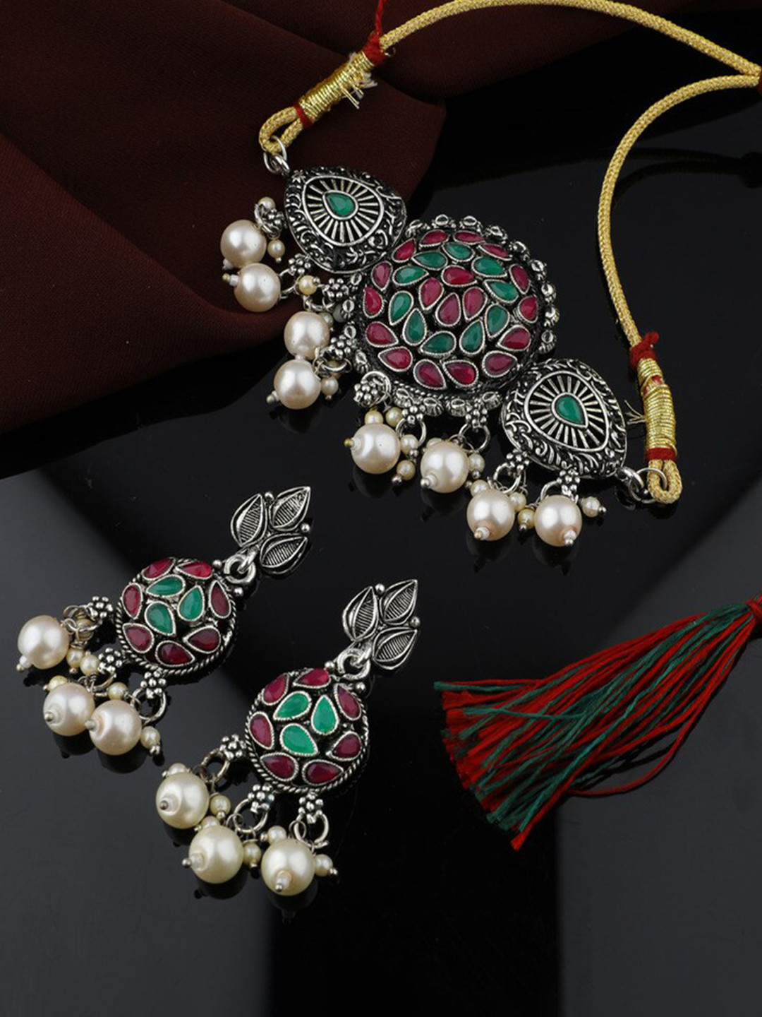 

ROFARWORD Gold-Plated Stone-Studded and Beaded Jewellery Set