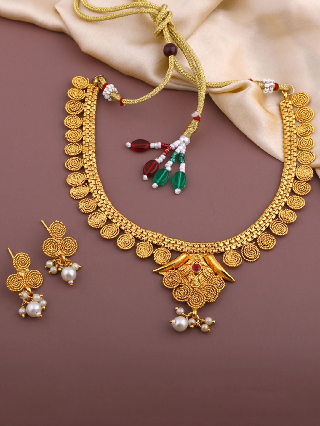 

ROFARWORD Gold-Plated Stone-Studded & Beaded Jewellery Set