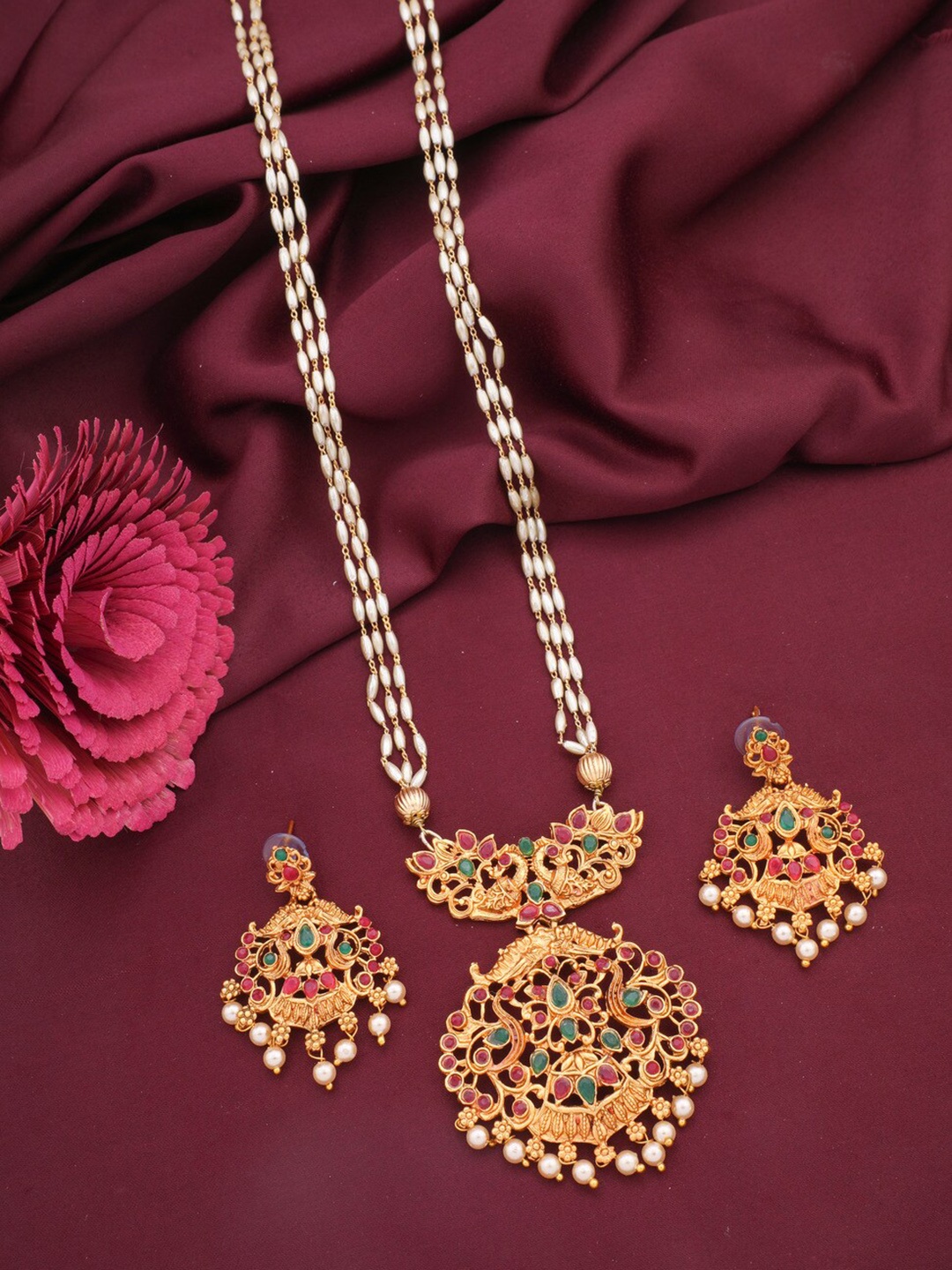 

ROFARWORD Gold-Plated Stone-Studded & Artificial Beaded Jewellery Set