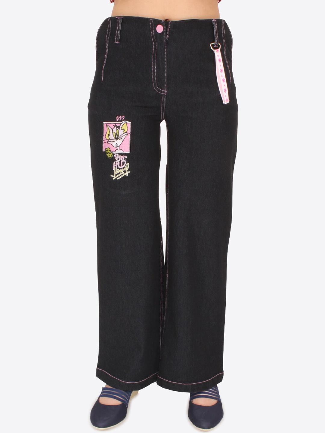 

CUTECUMBER Girls Mid-Rise Printed Straight Fit Stretchable Jeans, Black