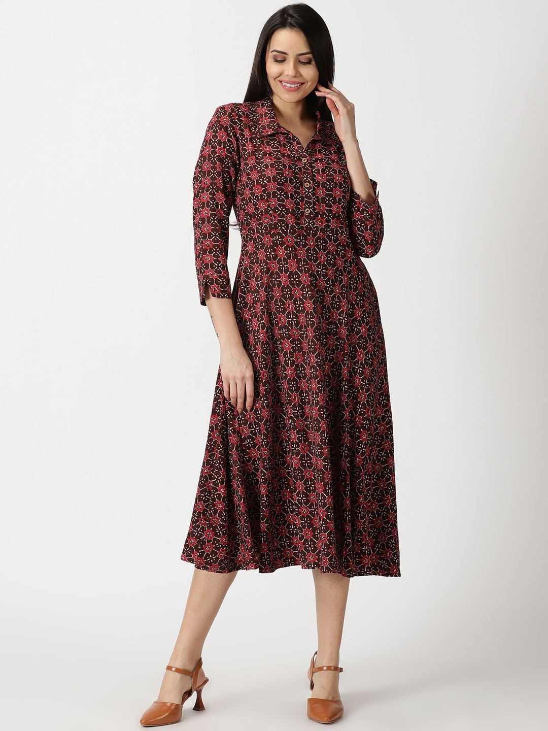 

Saffron Threads Abstract Print Rayon Shirt Collar Midi Dress, Maroon