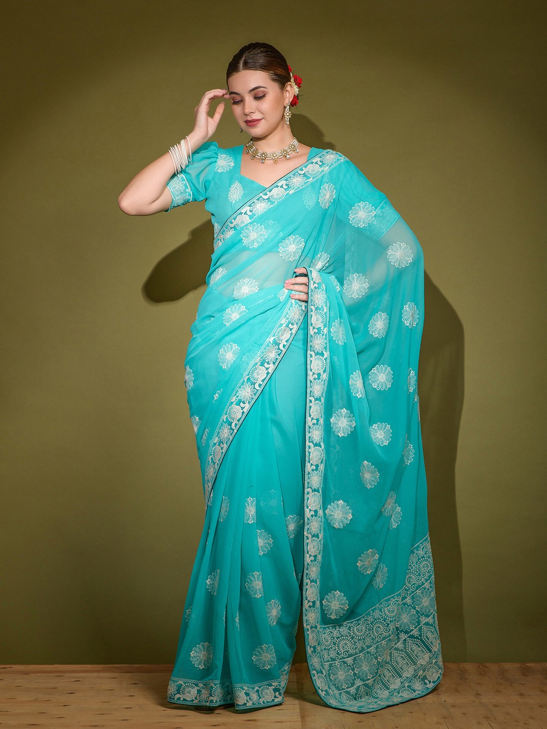 

elora Floral Embroidered Bhagalpuri Saree, Blue