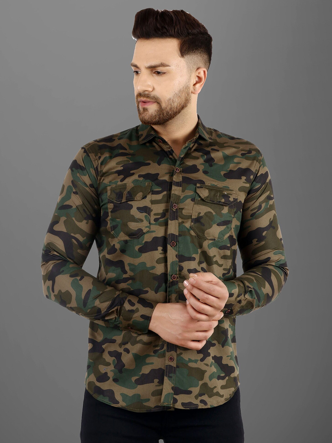 

Voroxy Camouflage Printed Cotton Casual Shirt, Green