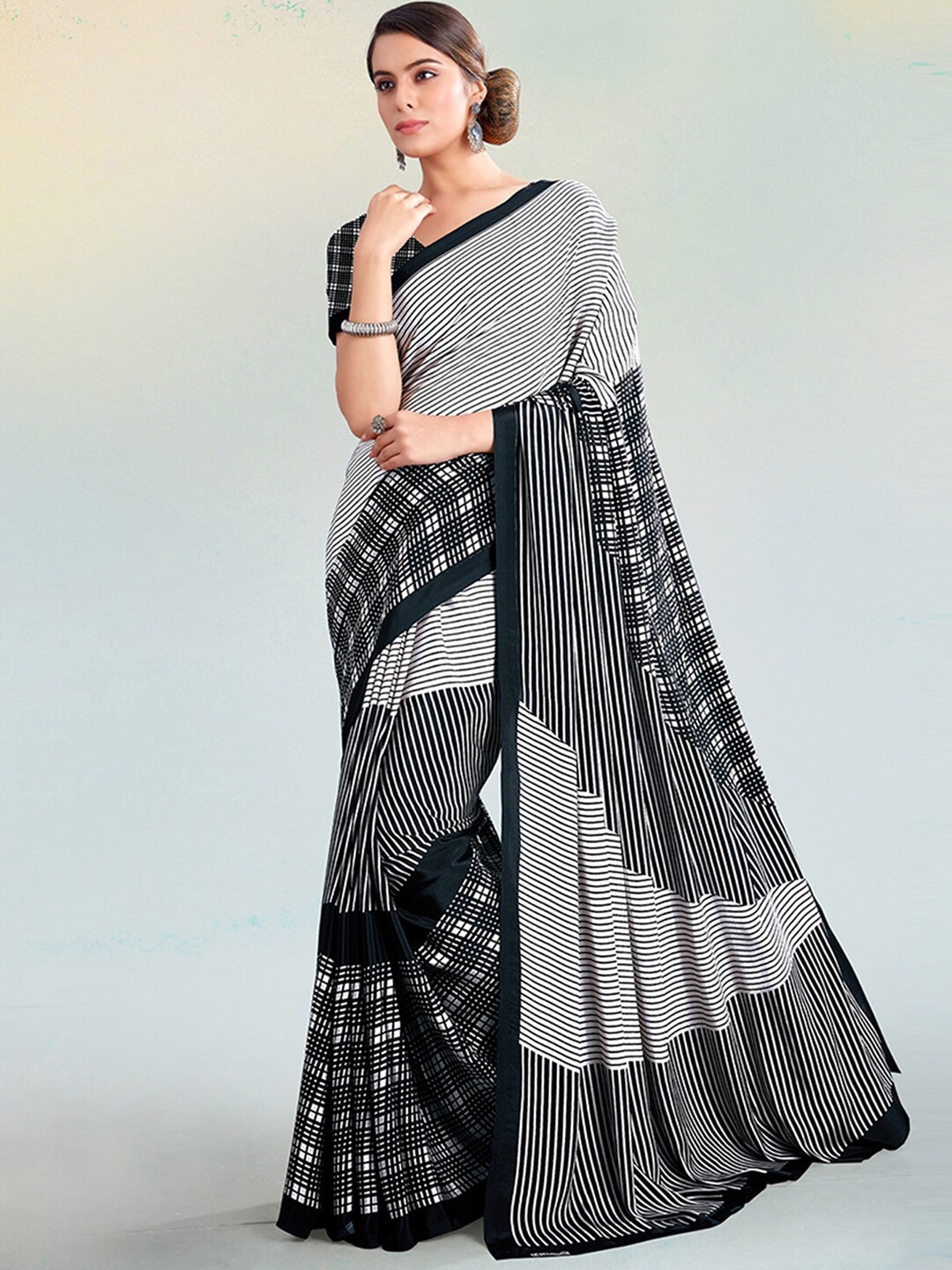 

Satrani Black & White Striped Silk Blend Saree