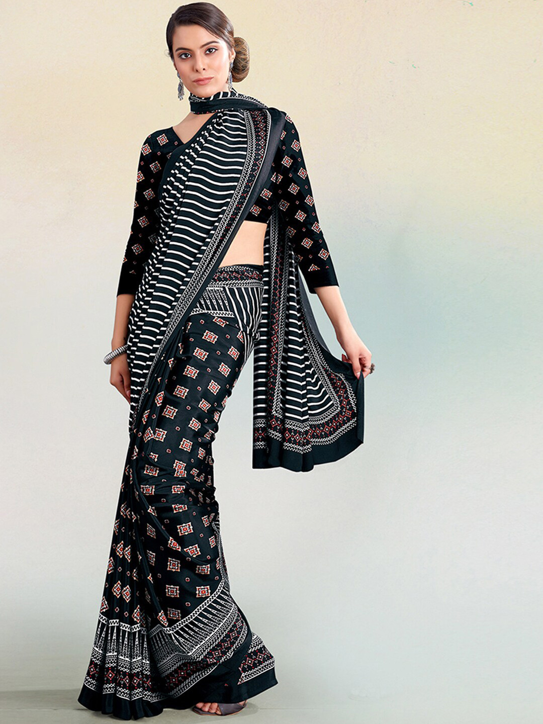 

Satrani Black & Red Ethnic Motifs Printed Saree