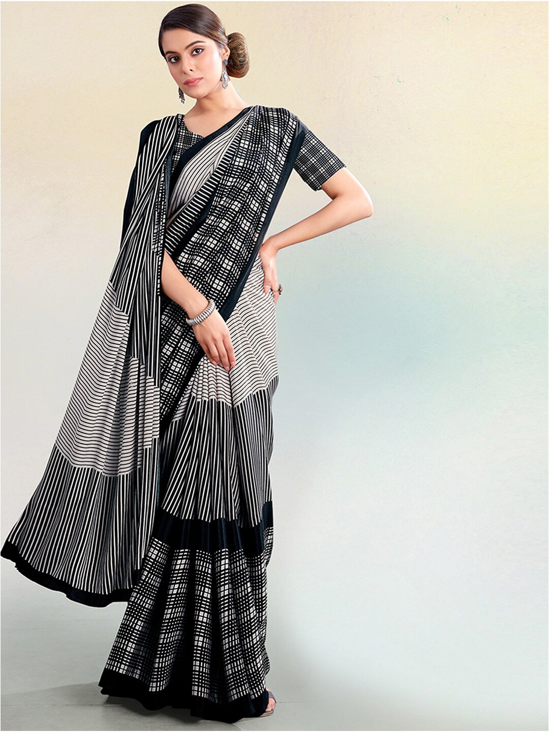 

Satrani Black & White Striped Silk Blend Saree
