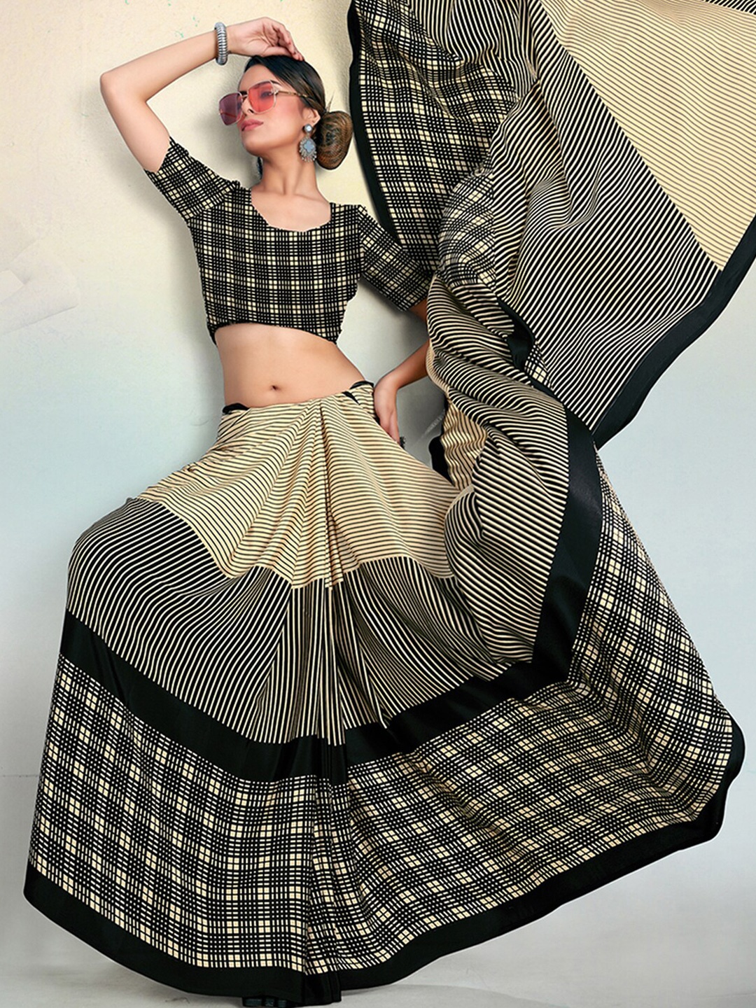

Satrani Black & Beige Striped Silk Blend Saree