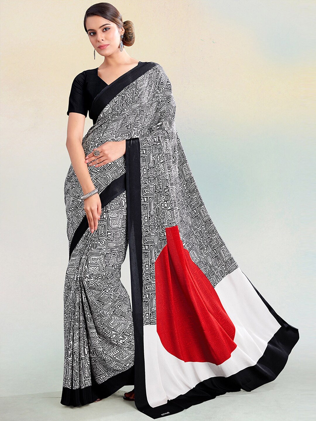 

Satrani White & Red Abstract Printed Saree