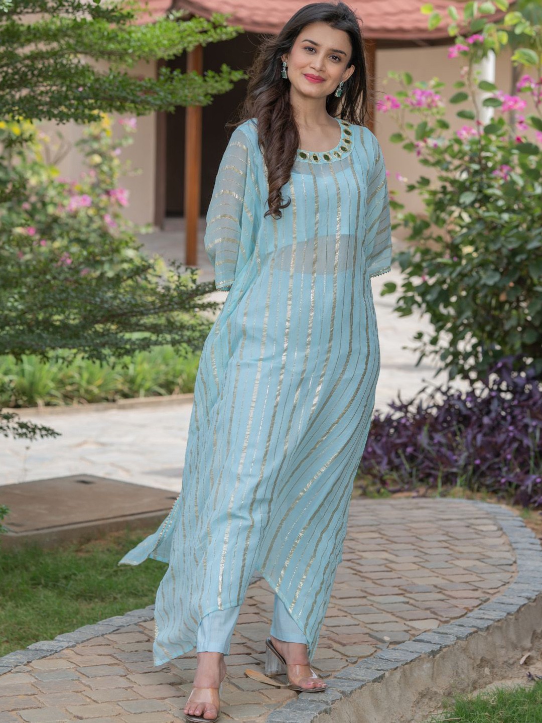 

HOUSE OF JAMOTI Striped Mirror Work Pure Cotton Kaftan Kurta with Trousers, Blue