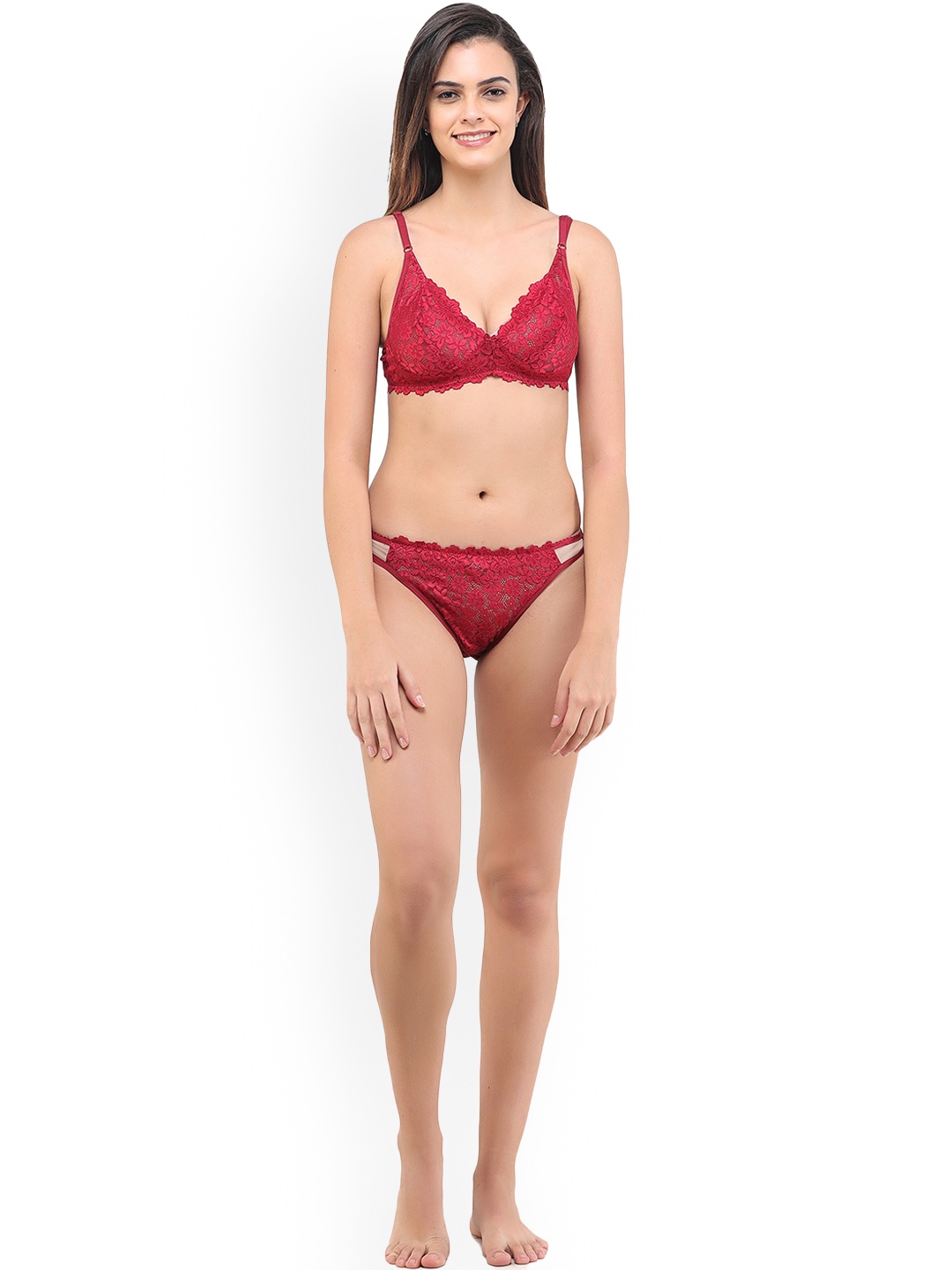 

LADYLAND Non-Padded Self Designed Laced Net Lingerie Set MAYASET-MAROON-SKU30B