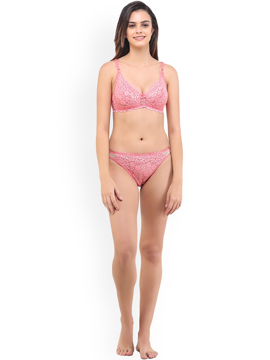 

LADYLAND Full Coverage Non-Padded Lace Lingerie Set, Pink