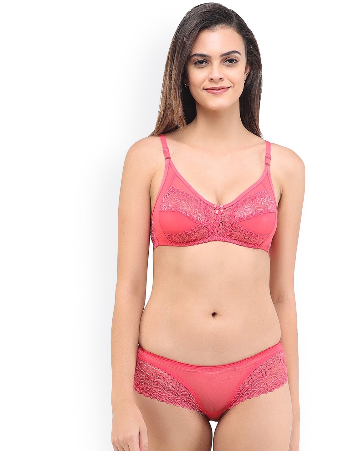 

LADYLAND Non-Padded Self Designed Laced Net Lingerie Set LACE SET-PINK-SKU30B