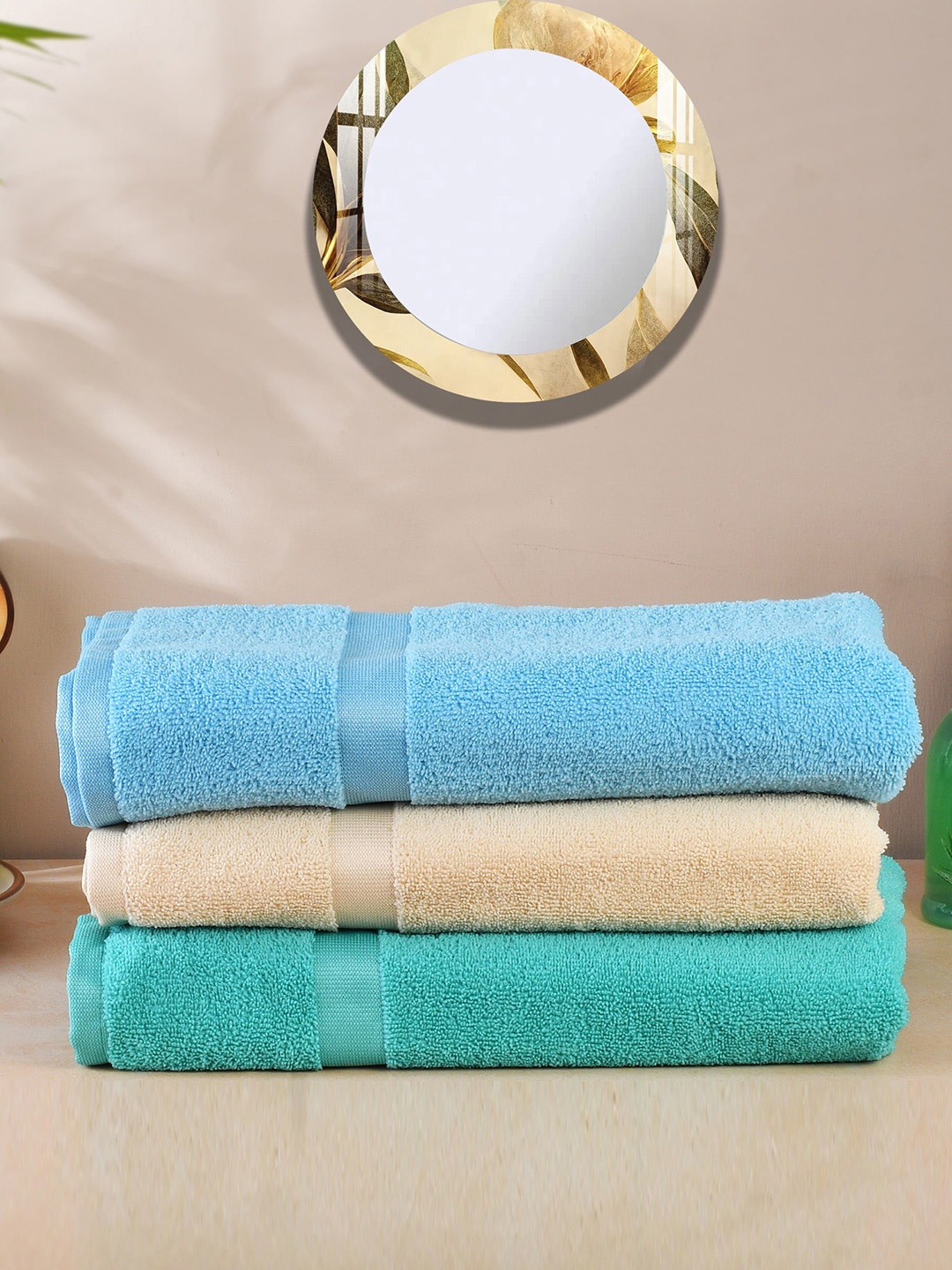 

Urban Magic Teal-Green & Beige 3 Pieces Self-Designed 300 GSM Bath Towels