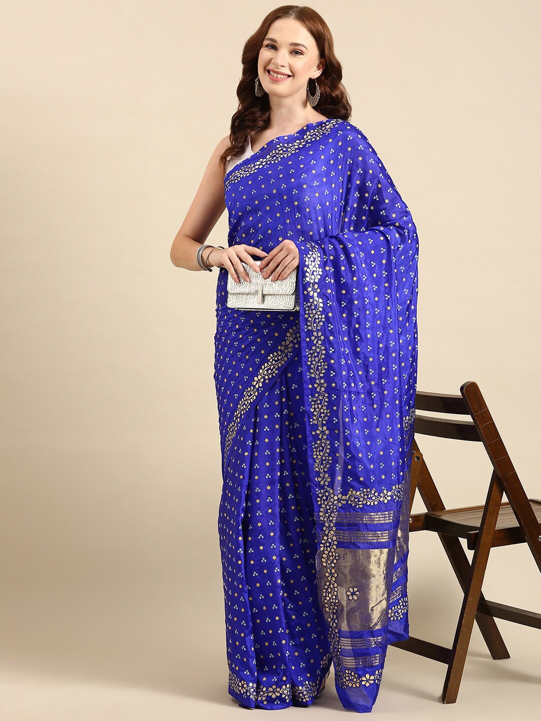 

Anouk Blue & Gold-Toned Bandhani Printed Mirror Work Saree