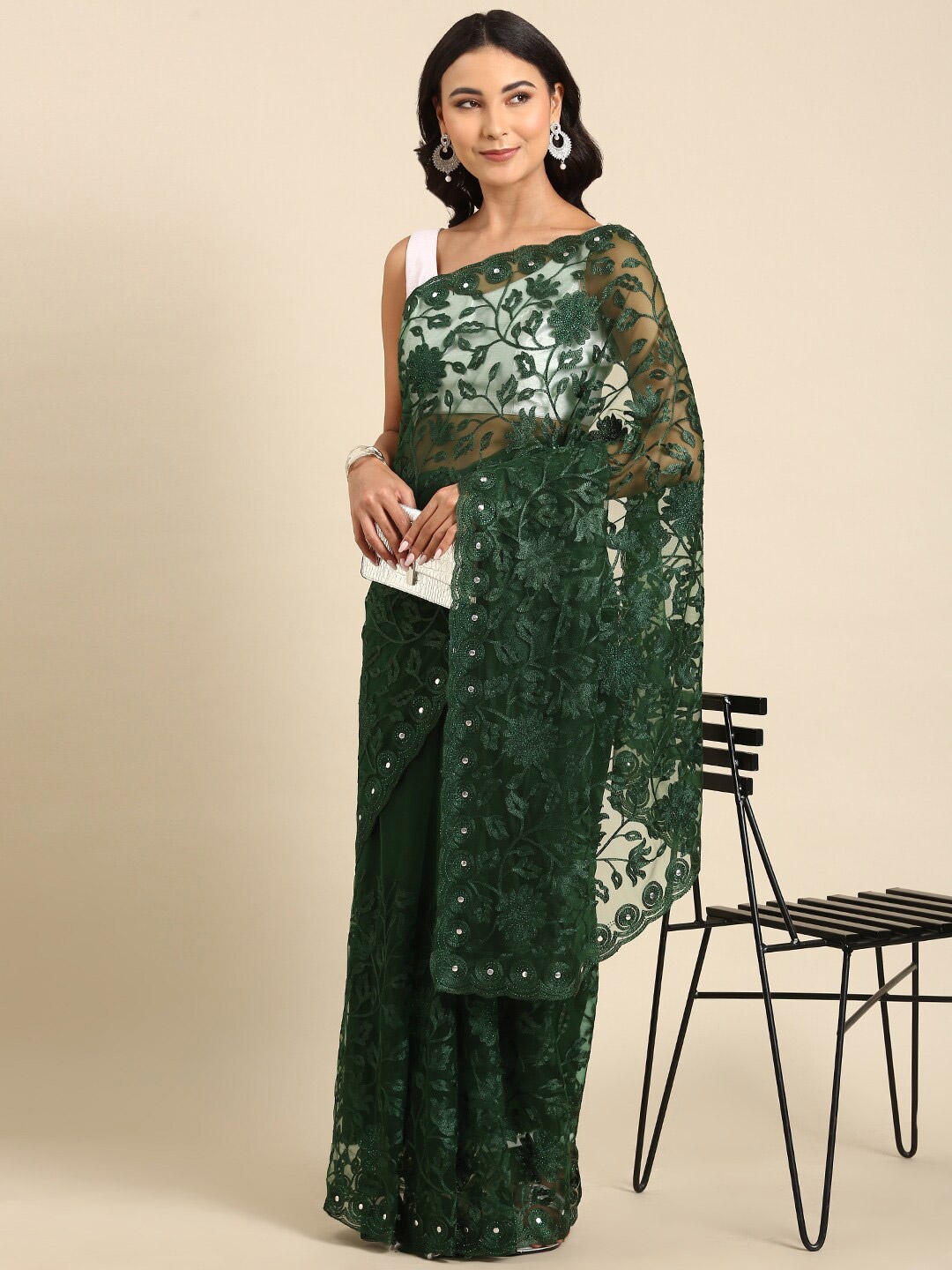 

Anouk Floral Embroidered Net Saree, Green