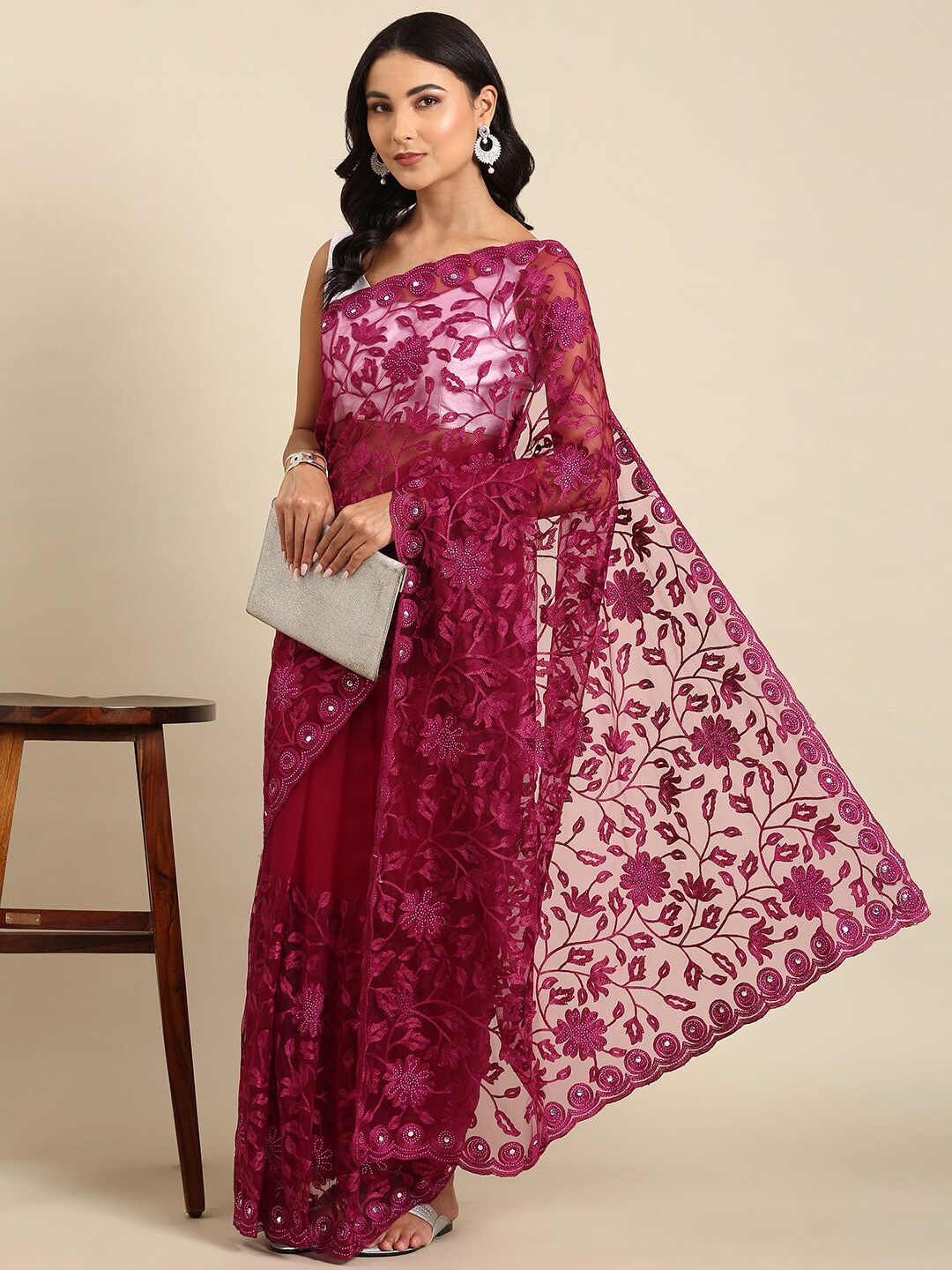 

Anouk Floral Embroidered Net Saree With Blouse Piece, Burgundy