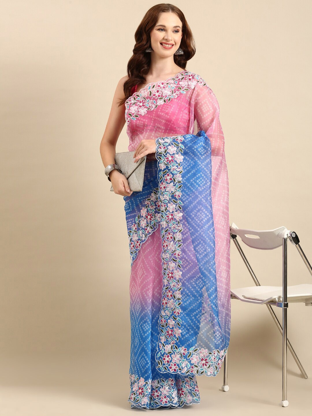 

Anouk Embroidered Organza Bandhani Saree With Blouse Piece, Pink