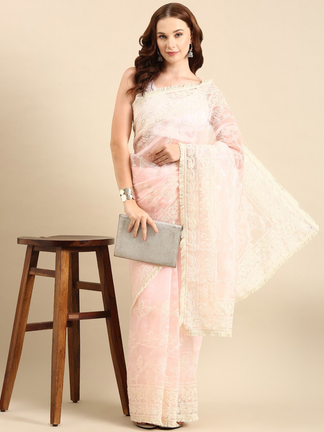 

Anouk Pink & White Floral Embroidered Organza Saree