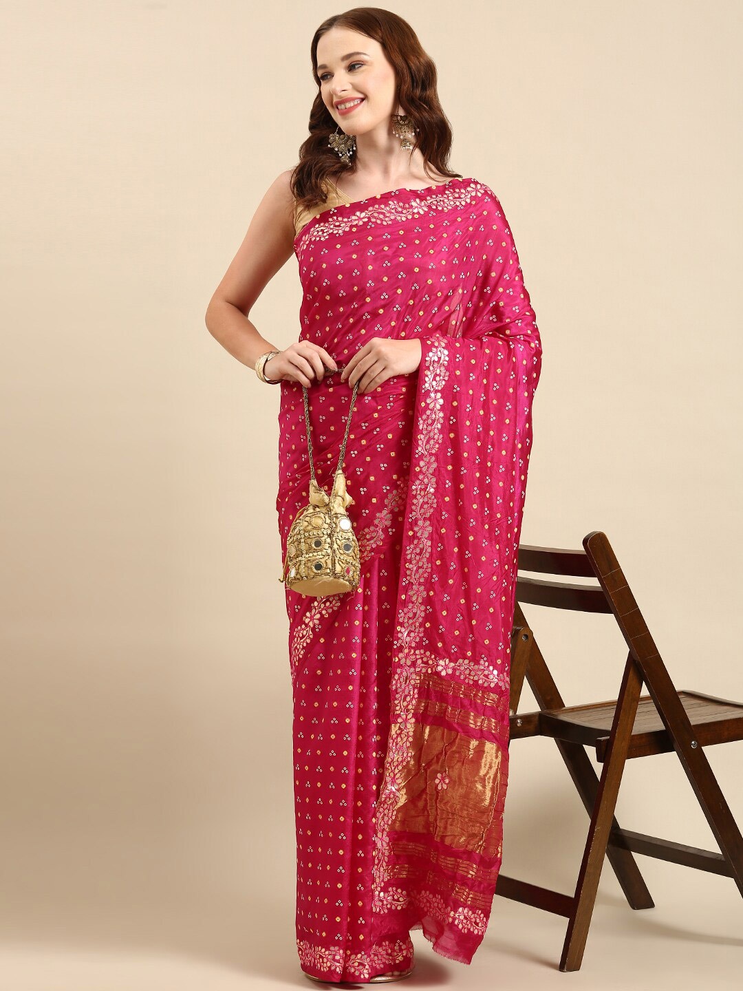 

Anouk Bandhani Mirror Work Art Silk Saree With Blouse Piece, Pink