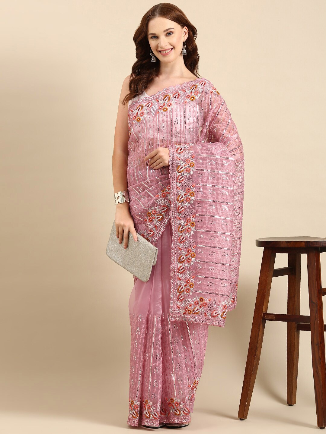 

Anouk Lavender & Orange Embellished Floral Embroidered Organza Saree