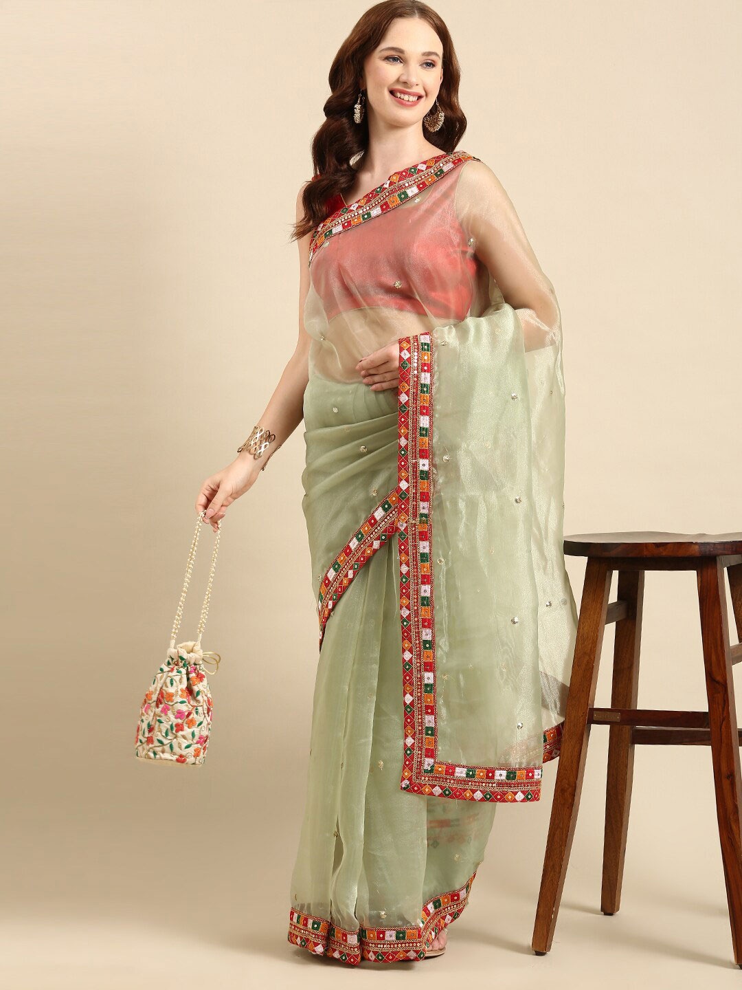 

Anouk Embellished Sequinned Organza Saree With Blouse Piece, Olive