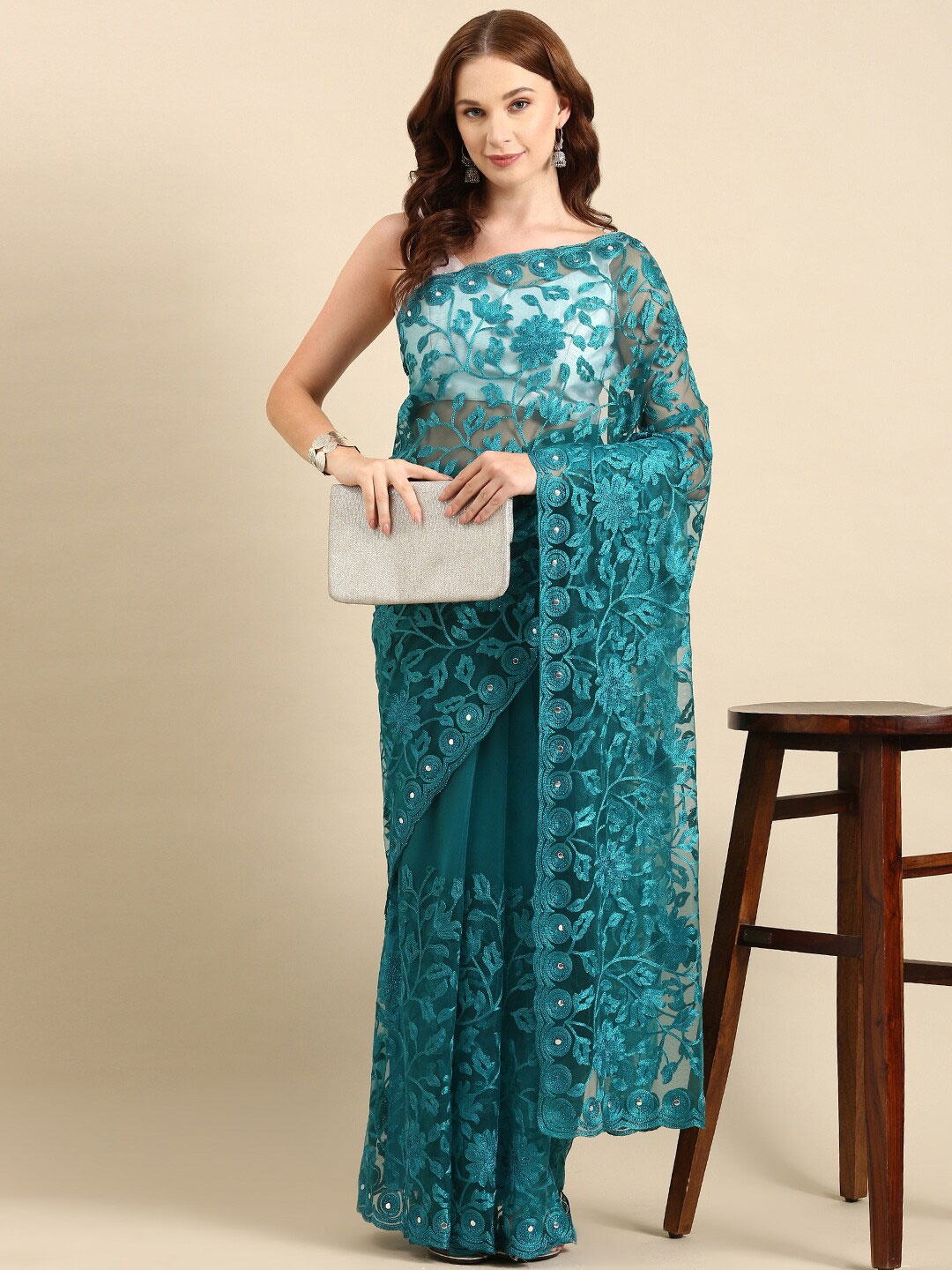 

Anouk Floral Embroidered Net Saree With Blouse Piece, Teal