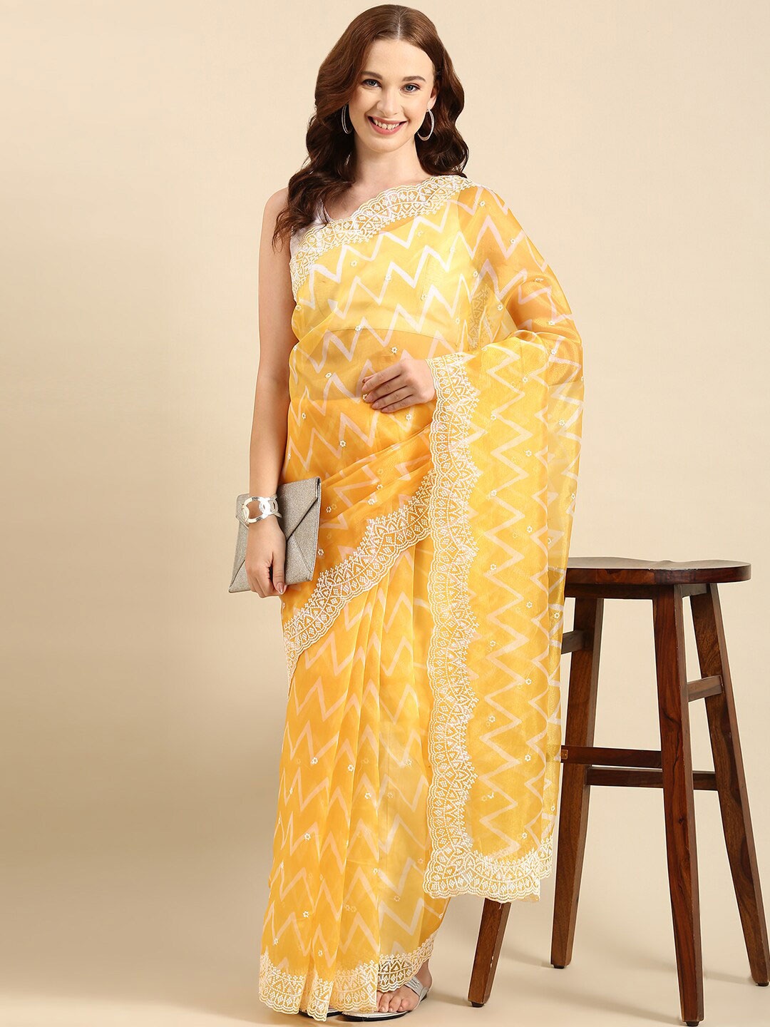 

Anouk Mustard & White Chevron Printed Embroidered Organza Saree