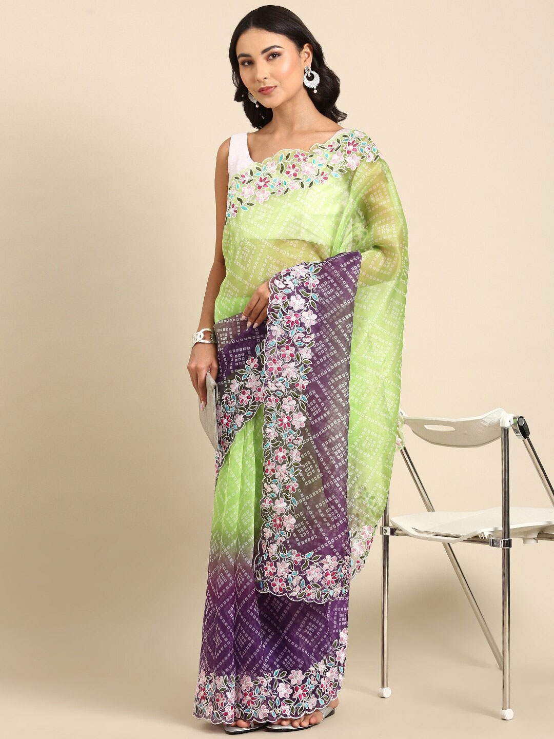 

Anouk Green & Purple Bandhani Printed Embroidered Organza Saree