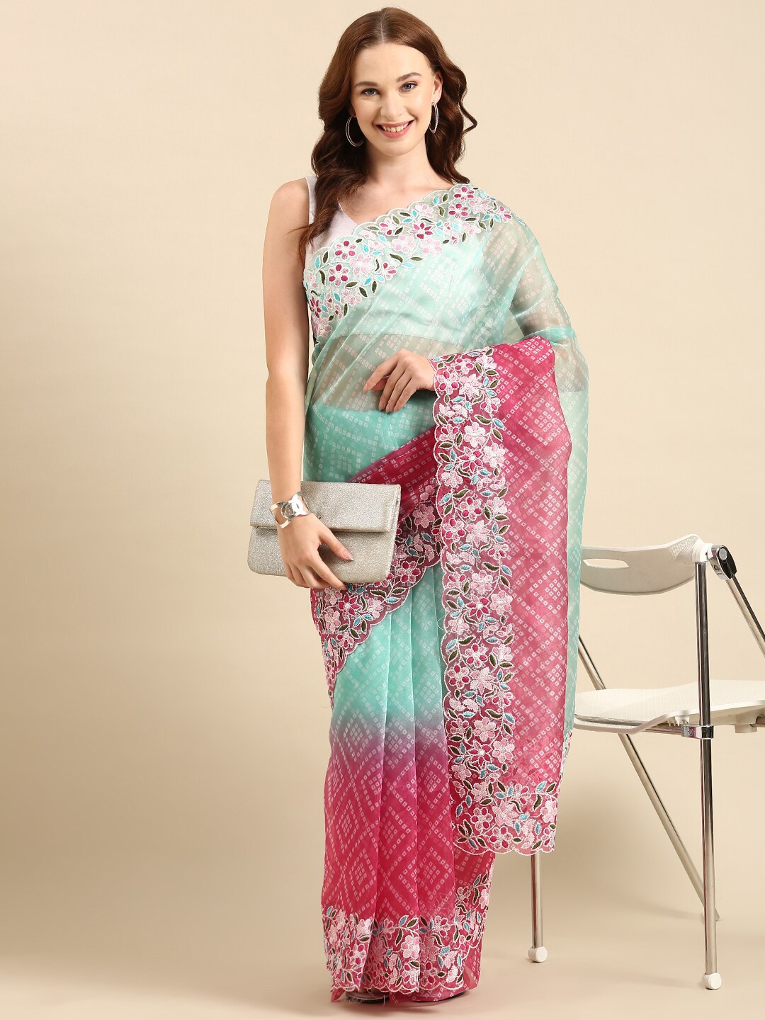 

Anouk Embroidered Organza Bandhani Saree With Blouse Piece, Sea green
