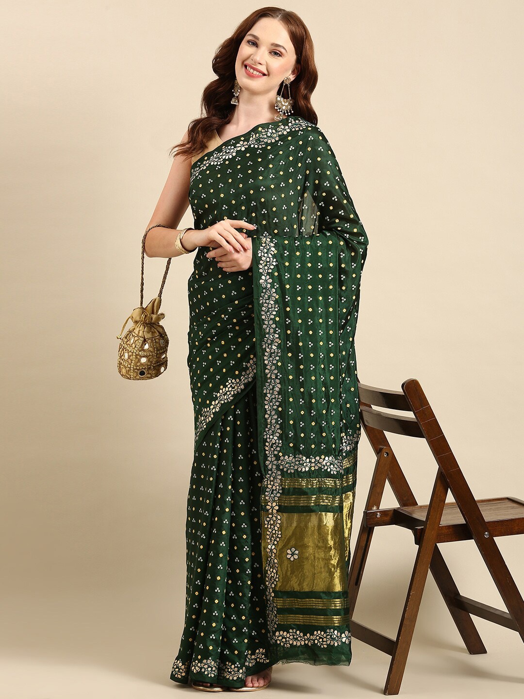 

Anouk Green & Gold-Toned Bandhani Printed Embroidered Saree