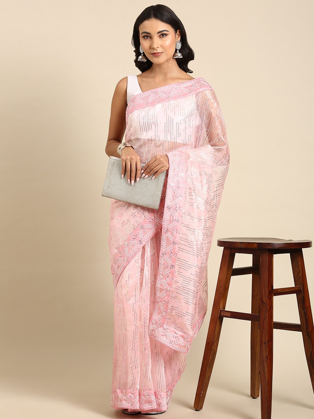 

Anouk Pink & Gold-Toned Sequin Embellished Organza Saree