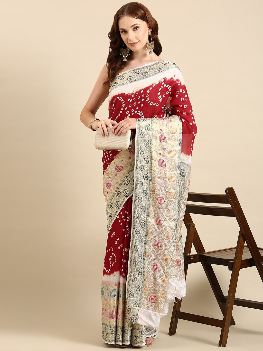 

Anouk Woven Design Zari Art Silk Bandhani Saree With Blouse Piece, Maroon