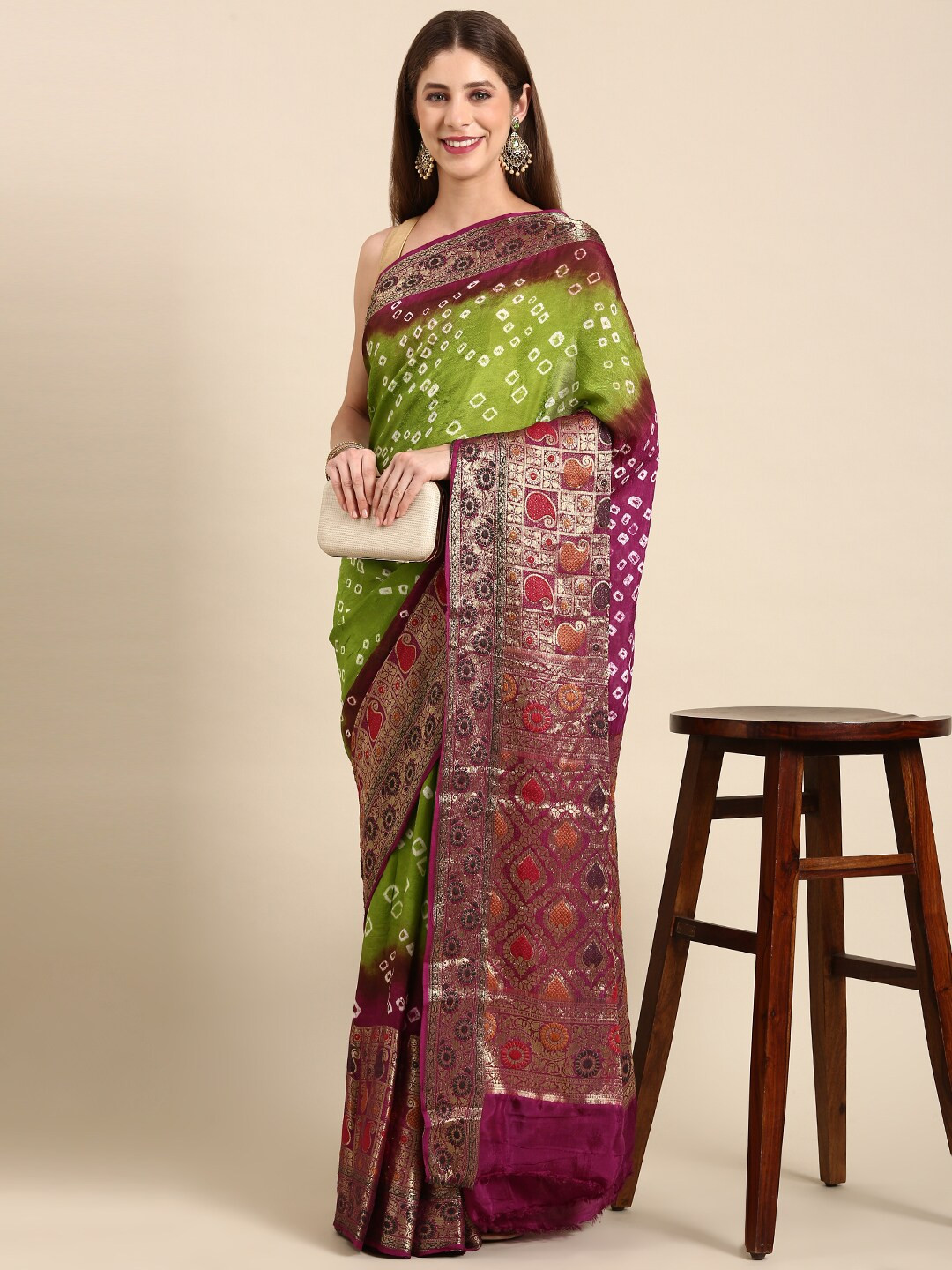 

Anouk Woven Design Zari Art Silk Bandhani Saree With Blouse Piece, Green