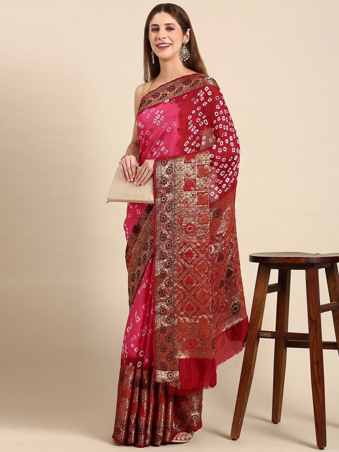 

Anouk Woven Design Zari Art Silk Bandhani Saree With Blouse Piece, Pink