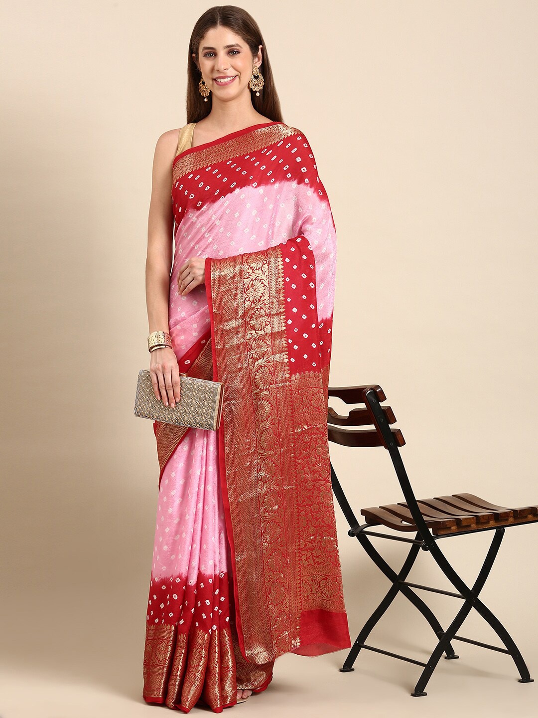 

Anouk Bandhani Printed Zari Saree, Pink