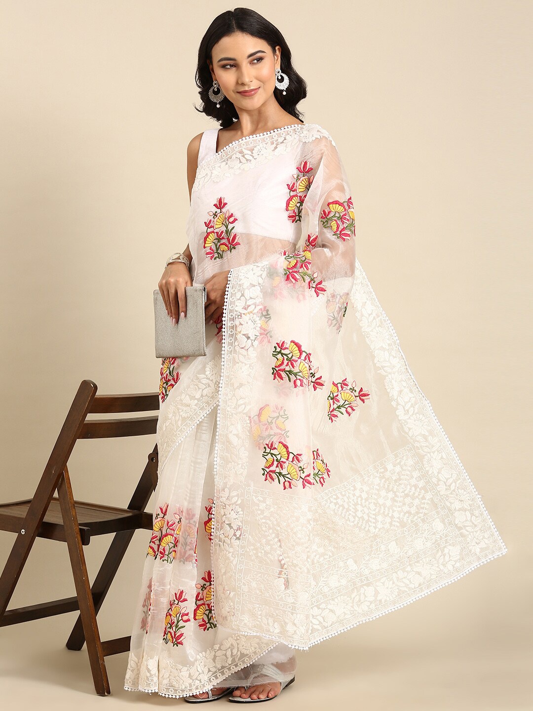 

Anouk White & Red Floral Embroidered Organza Saree