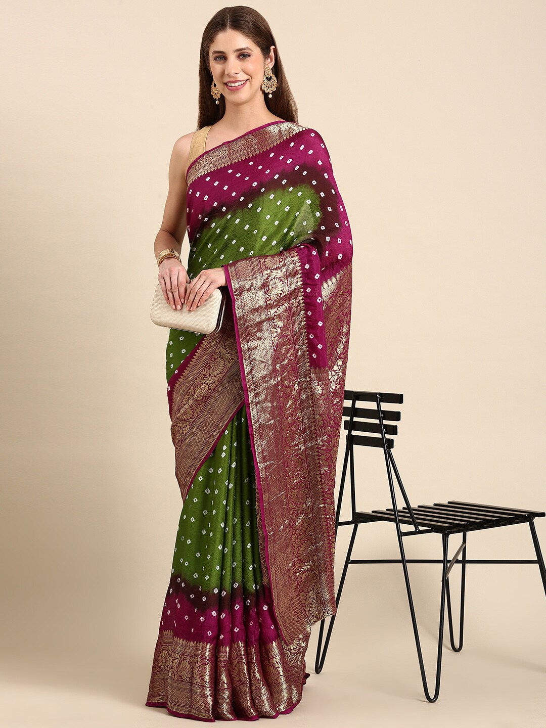 

Anouk Woven Design Zari Art Silk Bandhani Saree With Blouse Piece, Green