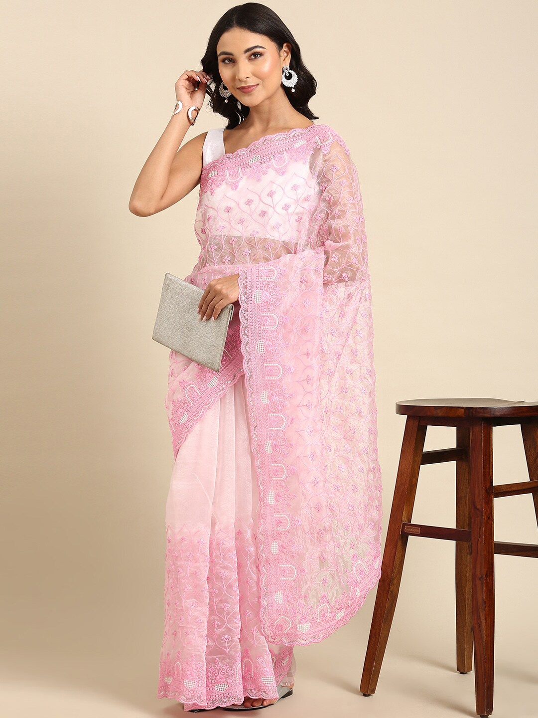 

Anouk Pink Floral Embroidered Sequinned Organza Saree