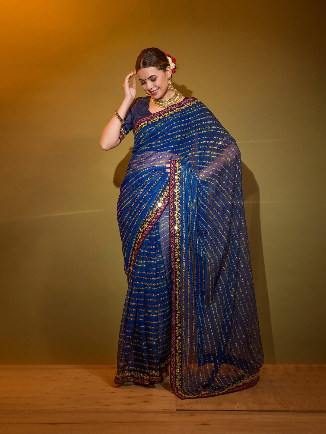 

elora Floral Printed Sequinned Pure Georgette Bhagalpuri Saree, Navy blue
