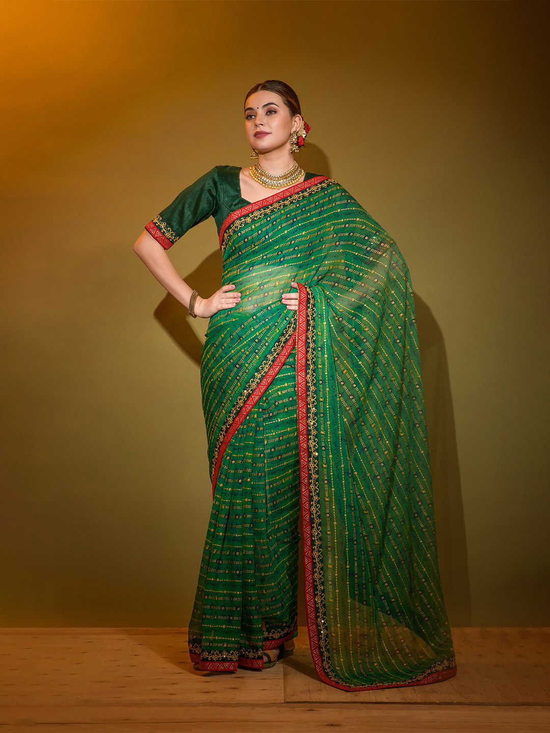 

elora Floral Printed Sequinned Pure Georgette Bhagalpuri Saree, Green