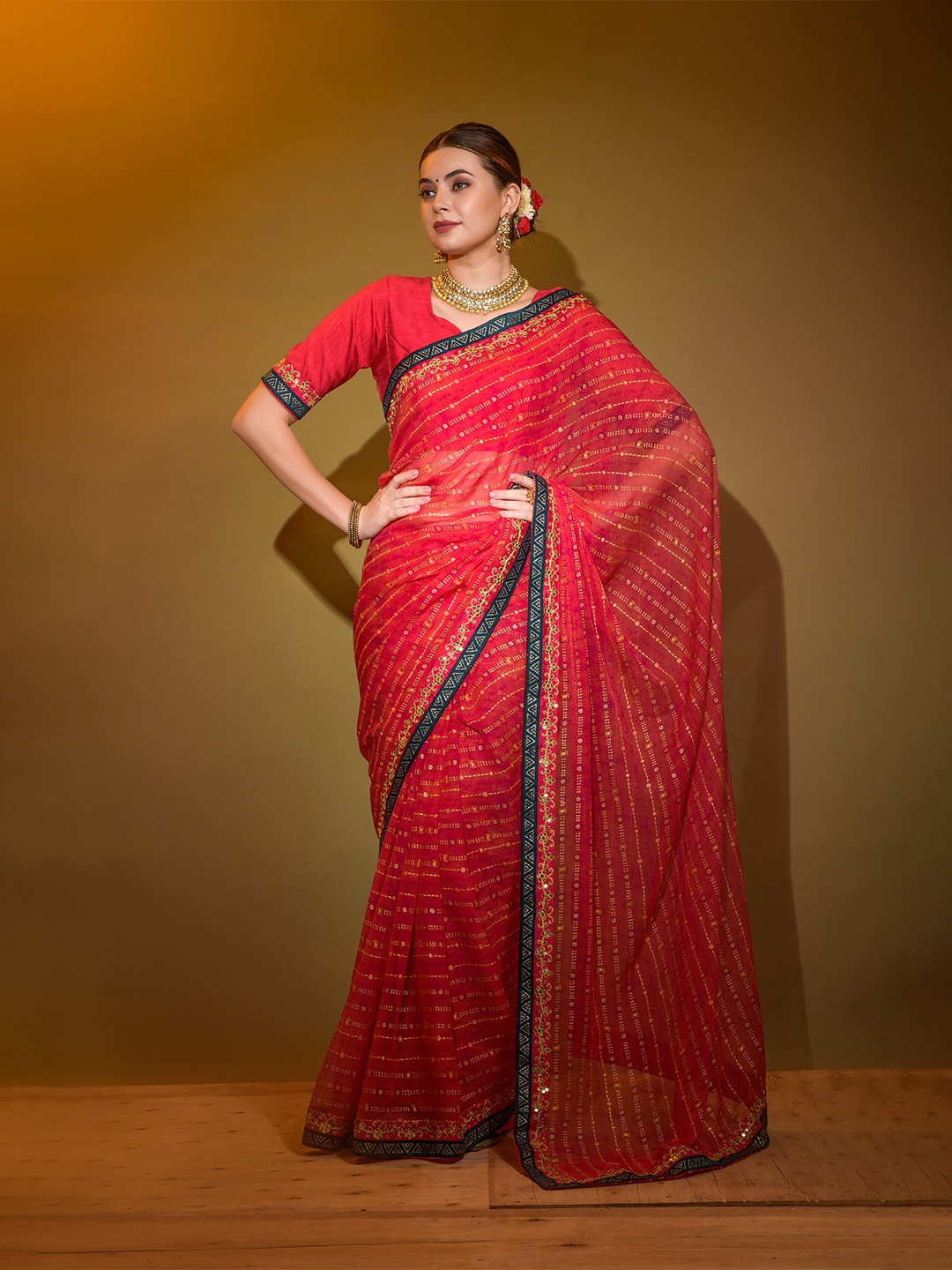 

elora Floral Printed Sequinned Pure Georgette Bhagalpuri Saree, Red