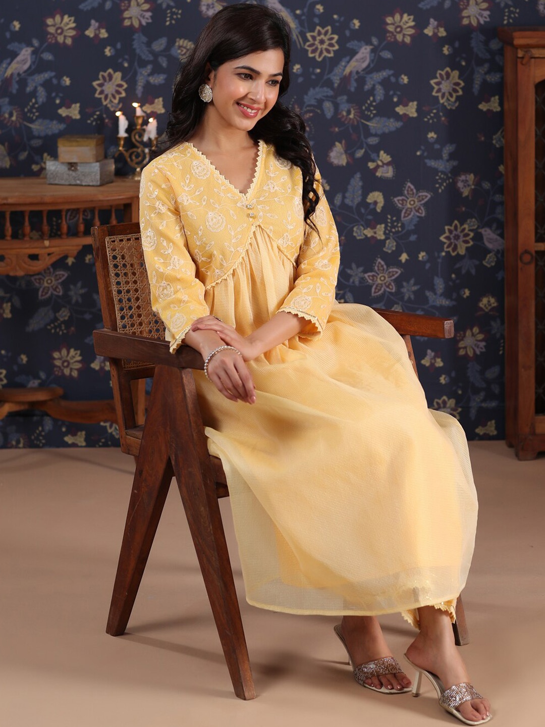 

House of Pataudi Embroidered Anarkali Kurta With Palazzo, Mustard