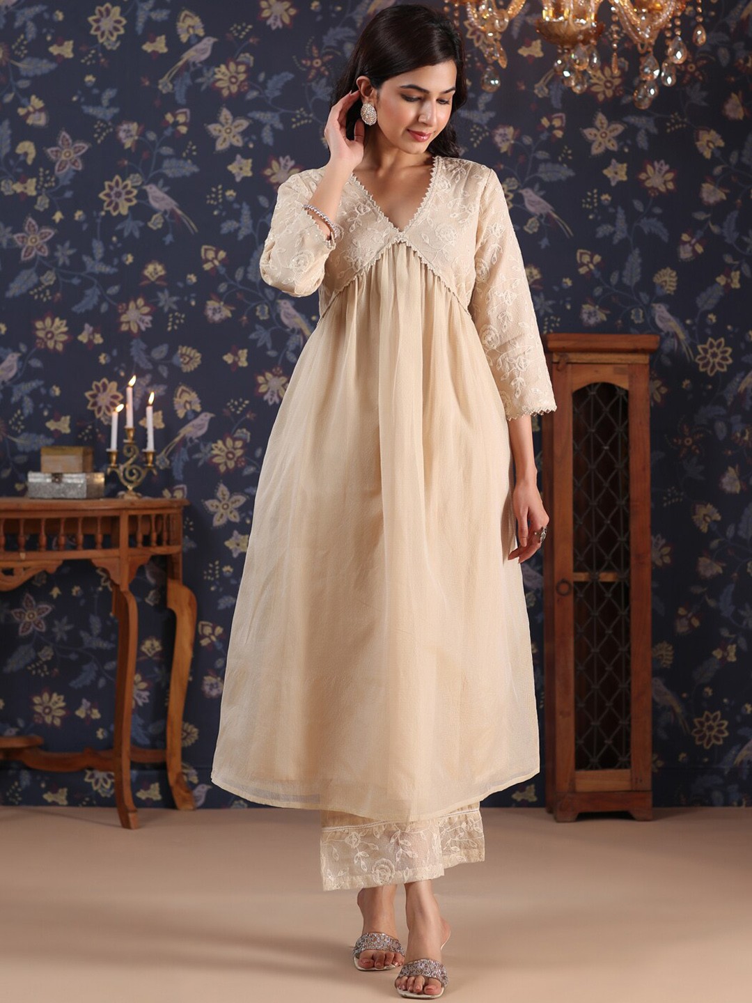 

House of Pataudi Floral Embroidered V Neck Anarkali Kurta With Palazzo, Beige