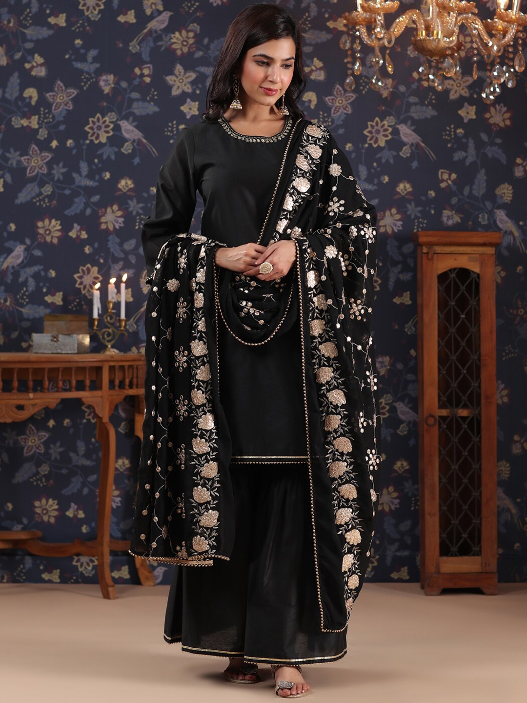 

House of Pataudi Thread Work A-Line Kurta With Sharara & Dupatta, Black