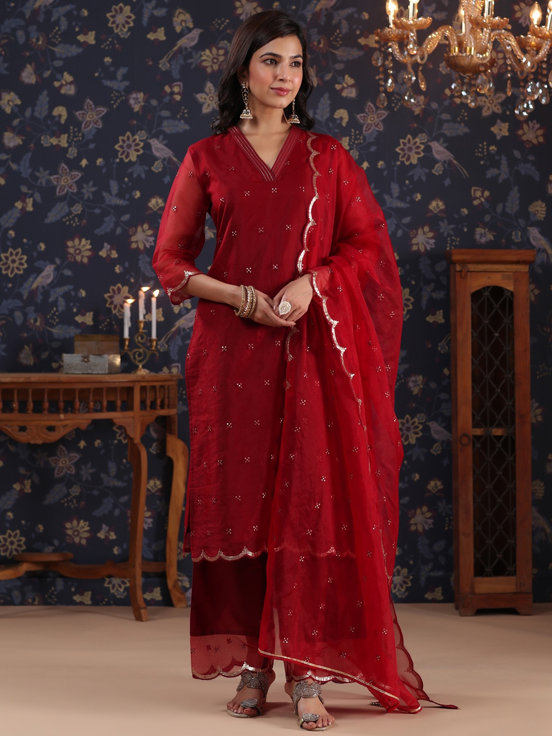 

House of Pataudi Embellished Sequence Work Kurta With Palazzo & Dupatta, Red